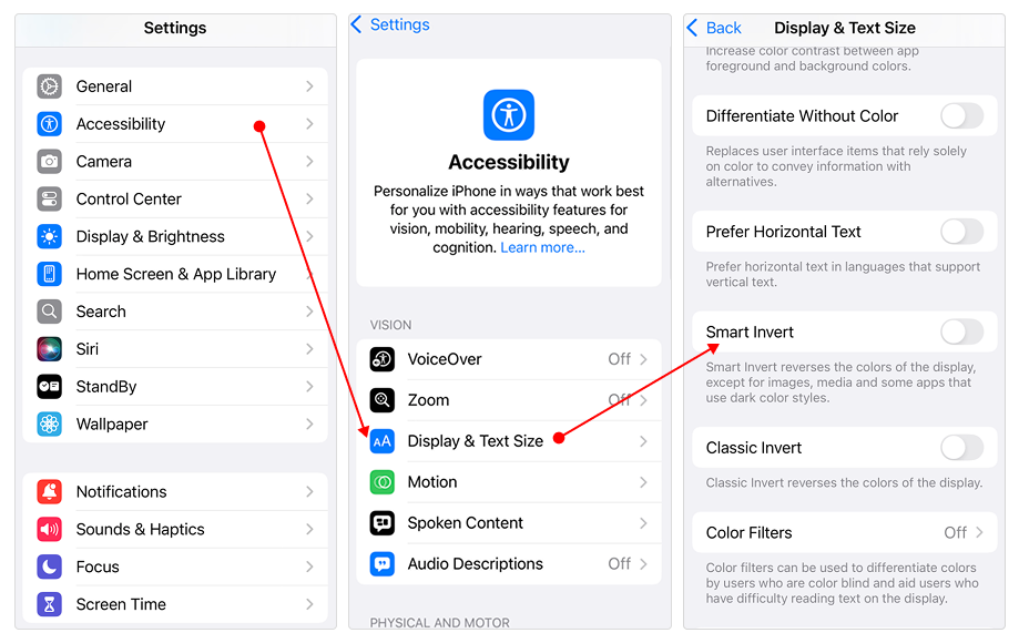 iPhone Settings path to Smart Invert and Classic Invert